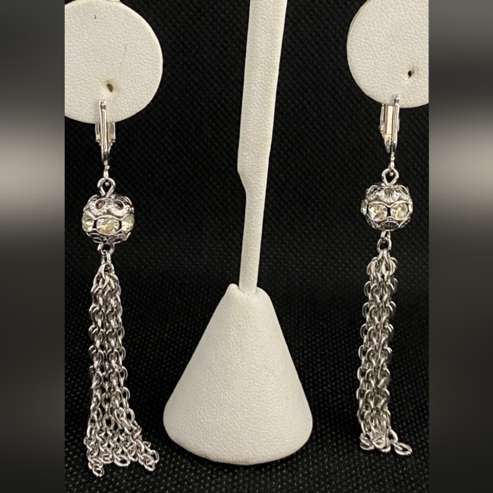 RARE Sarah Coventry Rhinestone Disco Ball Chain Tassel Clip Earrings